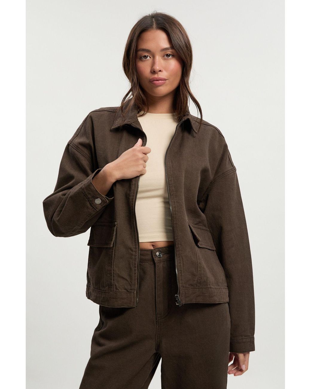 Boohoo Brown Collared Twill Jacket