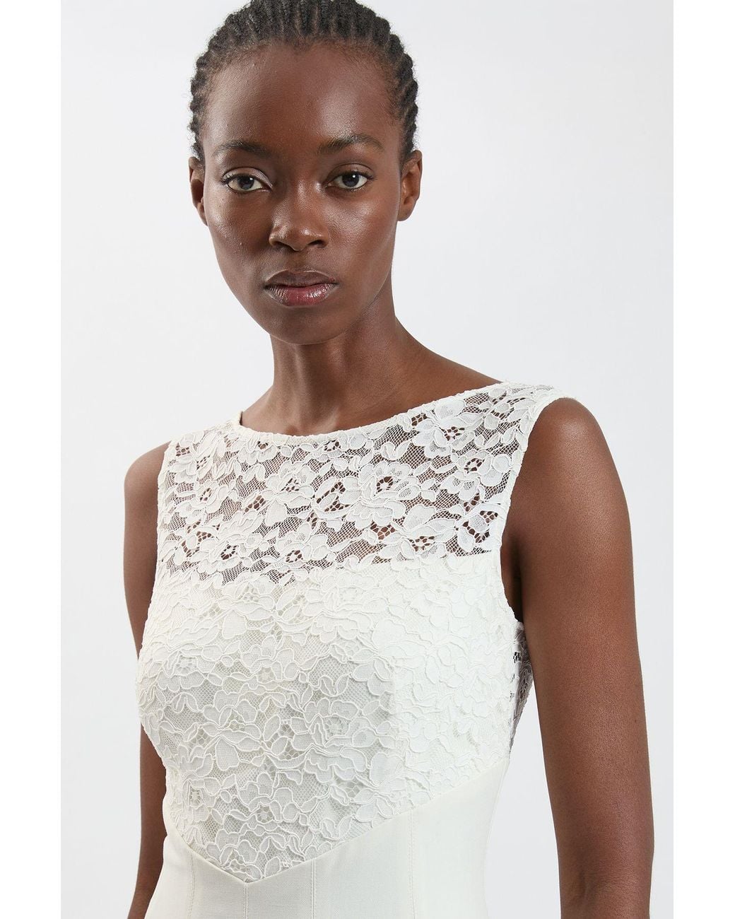 Karen Millen White Compact Stretched Lace Detail Midi Dress