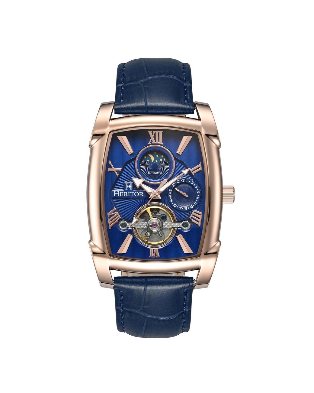 Heritor Blue Valentin Leather-Band Watch W/Date for men