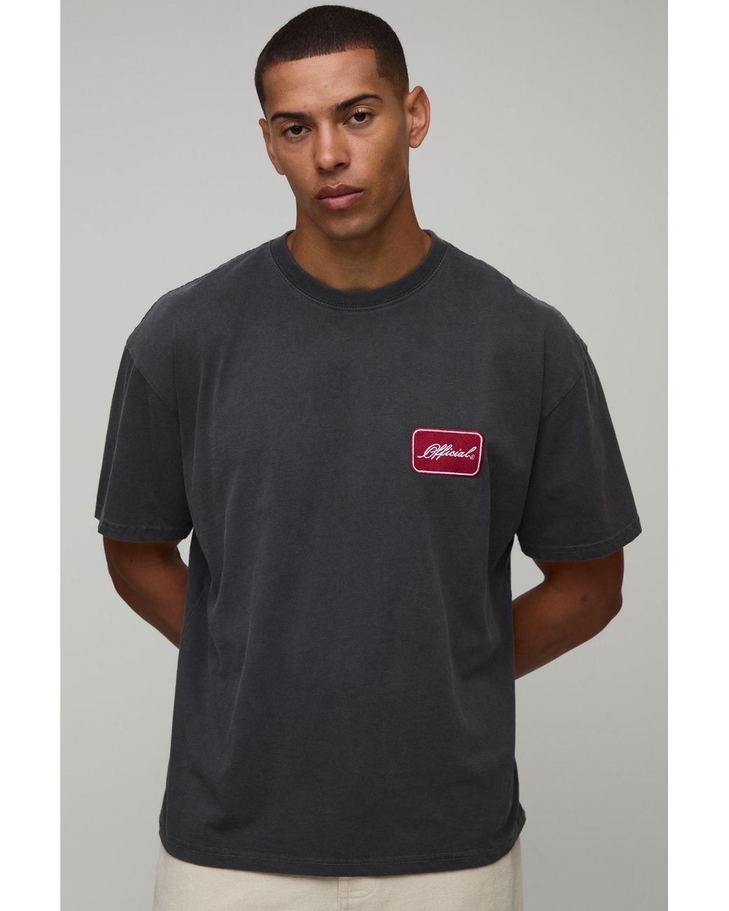 BoohooMAN Gray Oversized Official Washed Embroidered T-Shirt for men