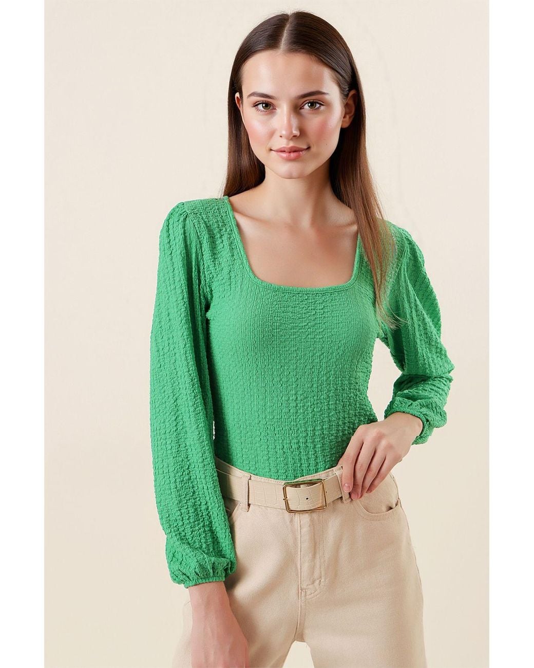 Bigdart Green Textured Square Collar Long Sleeve Blouse