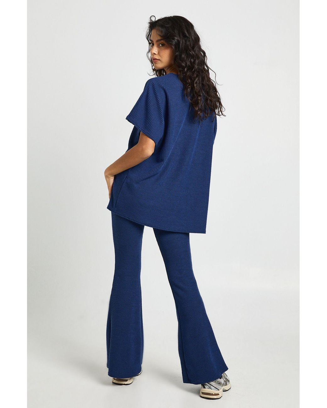 Boohoo Blue Two Tone Rib Flared Legging & Top Co Ord