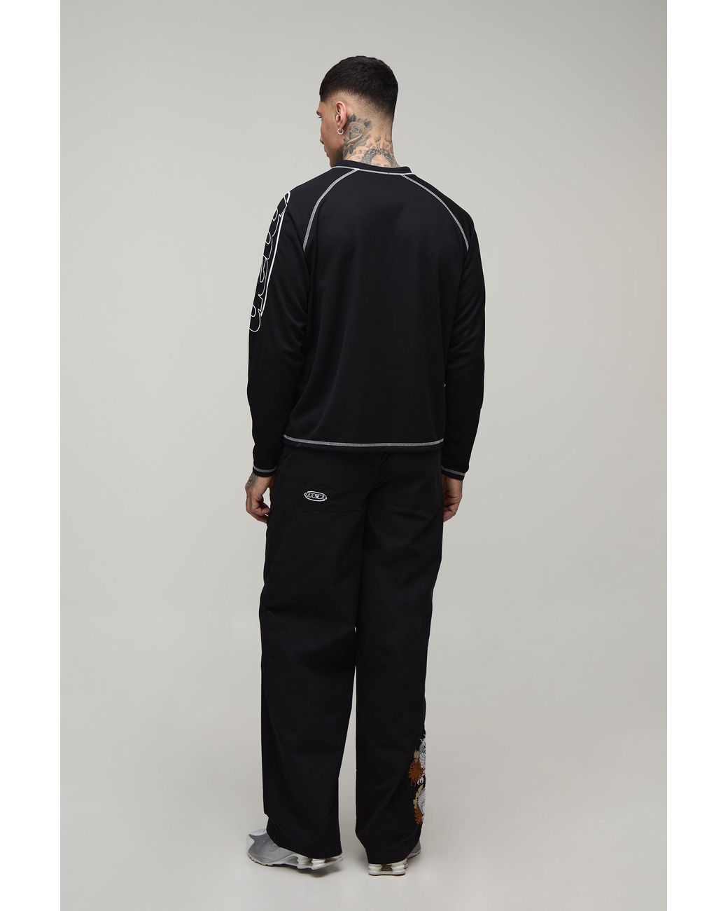 BoohooMAN Black Tall Baggy Fit Dragon Embroidery Elasticated Pants for men