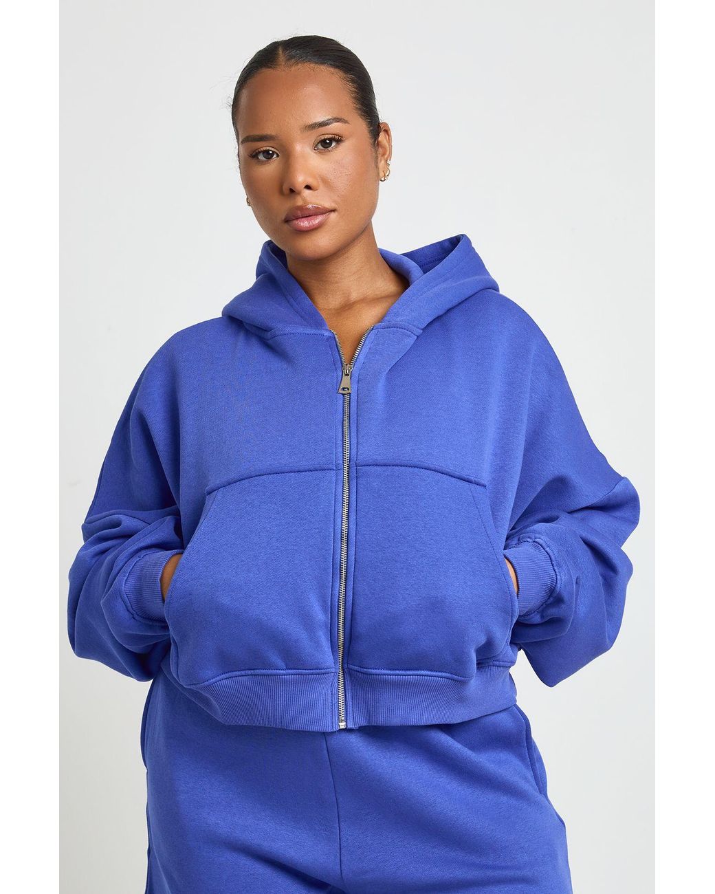 Boohoo Blue Plus Core Basic Boxy Balloon Sleeve Oversized Zip Through Hoodie