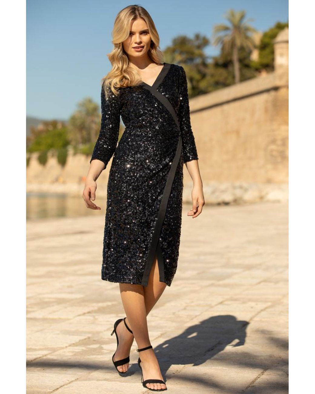 Sosandar Black Sequin Faux Wrap Dress Spandex