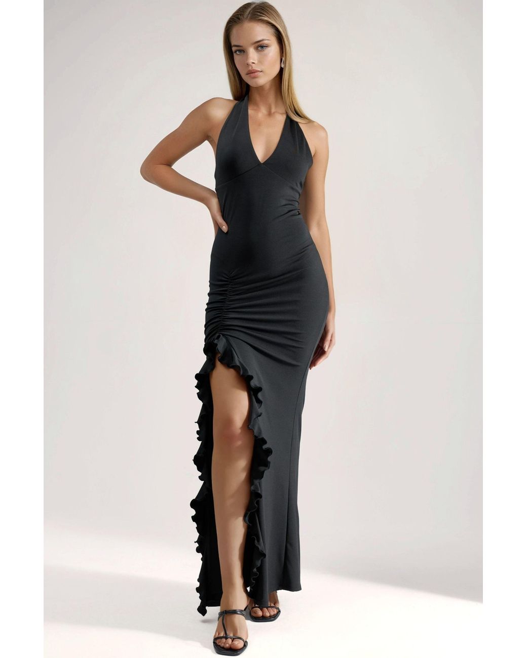 Hiccup Black Slit Detailed Halter Collar Bodycon Maxi Dress