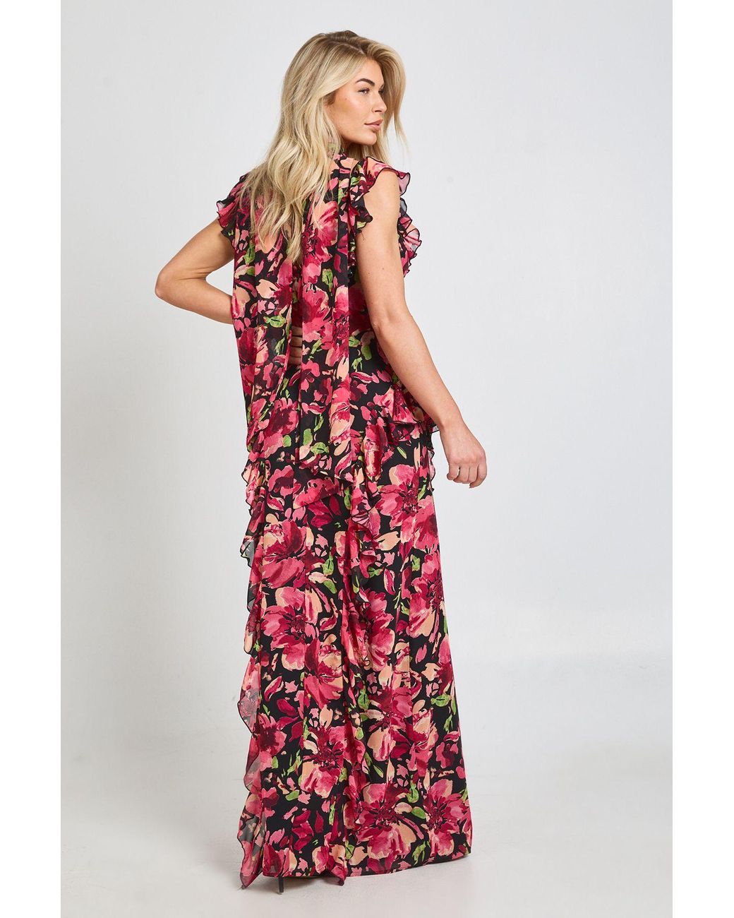 Boohoo Red Floral Ruffle Detail Maxi Dress With Scarf