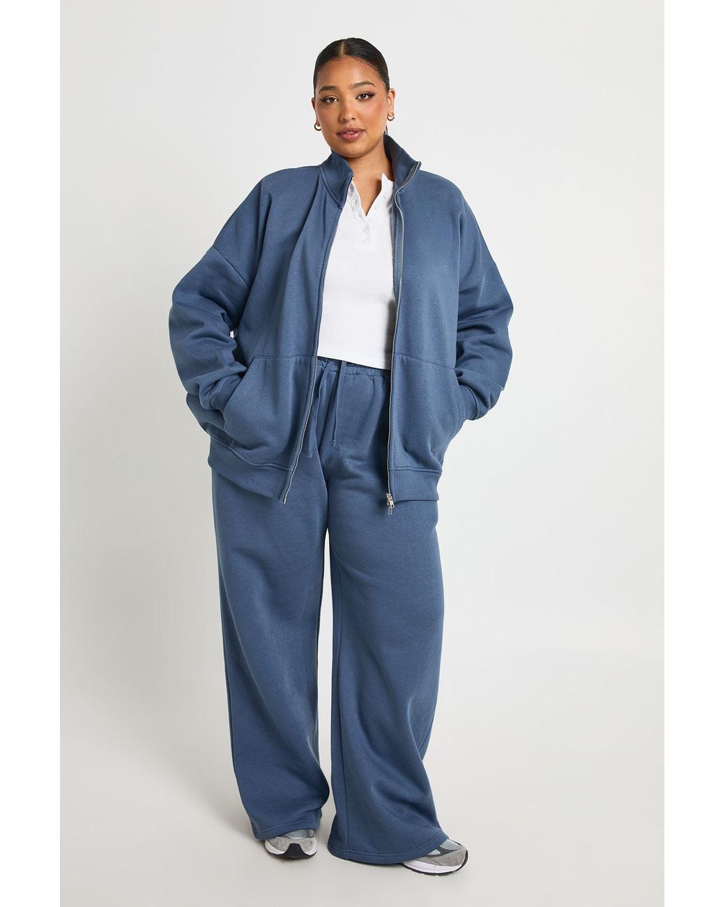 Boohoo Blue Plus Double Ended Zip Funnel Neck Sweatshirt Tracksuit