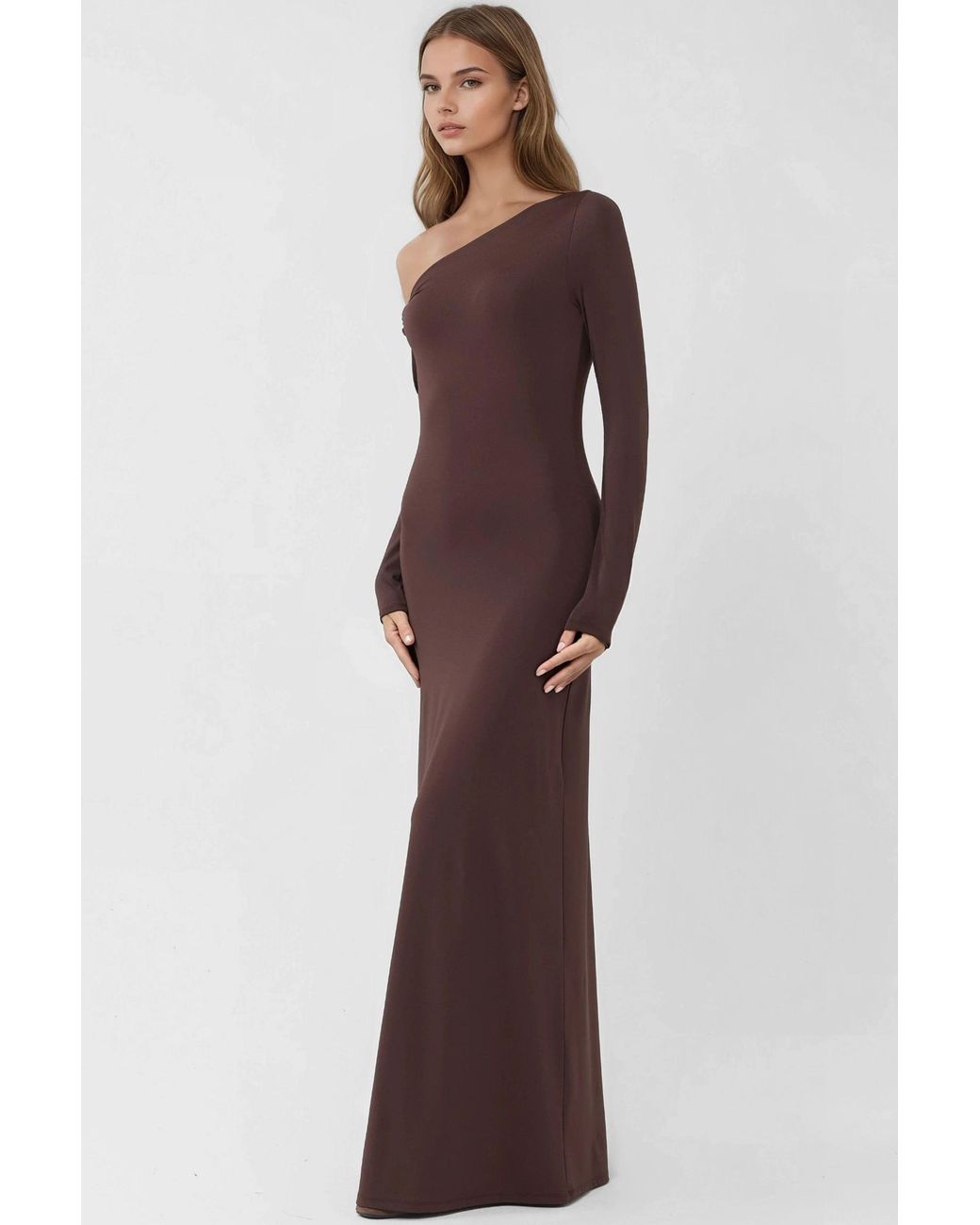 Hiccup Purple Asymmetrical Collar Maxi Bodycon Dress