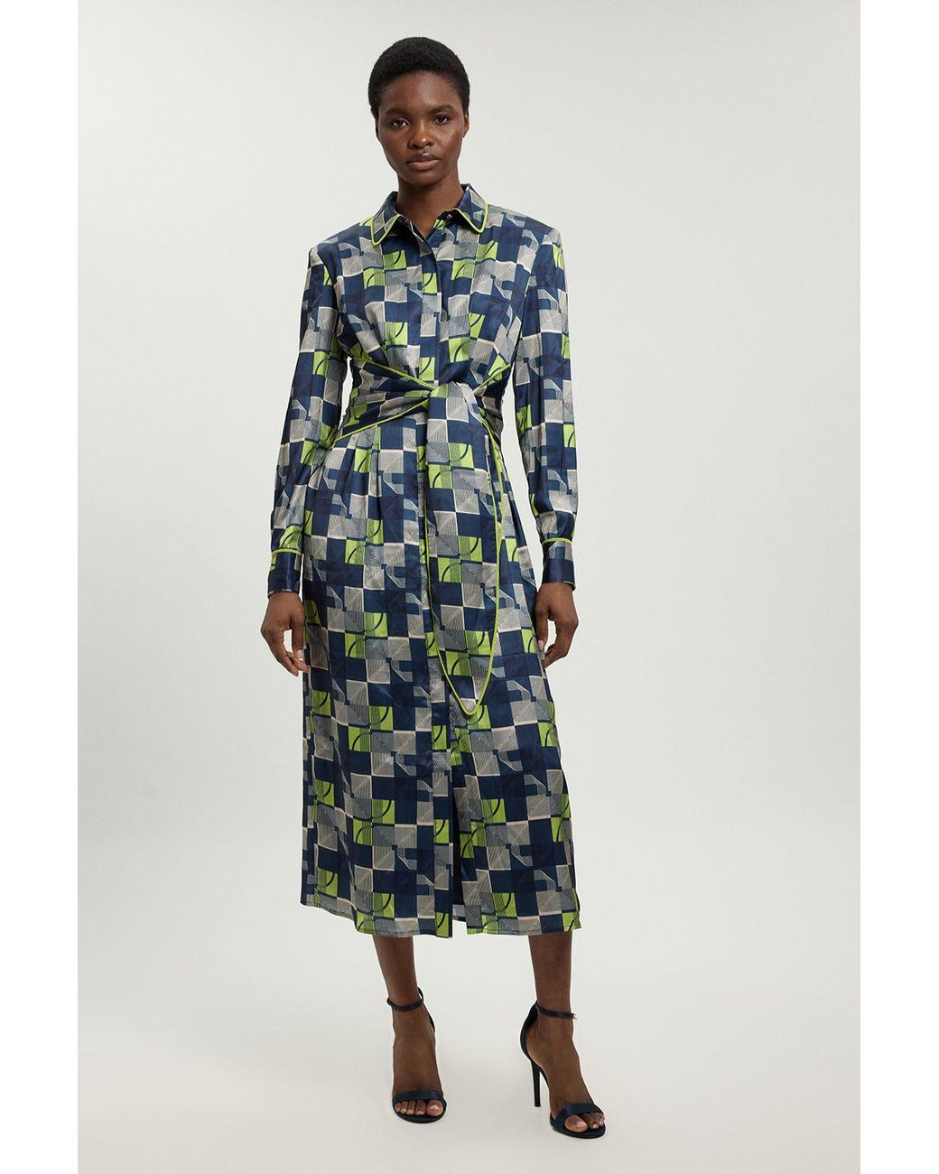Karen Millen Green Petite Geo Print Hammered Satin Tie Waist Woven Midi Dress