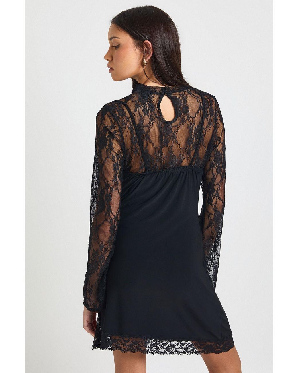 Boohoo Black Lace High Neck Flare Sleeve Dress With Slinky Cowl Cami