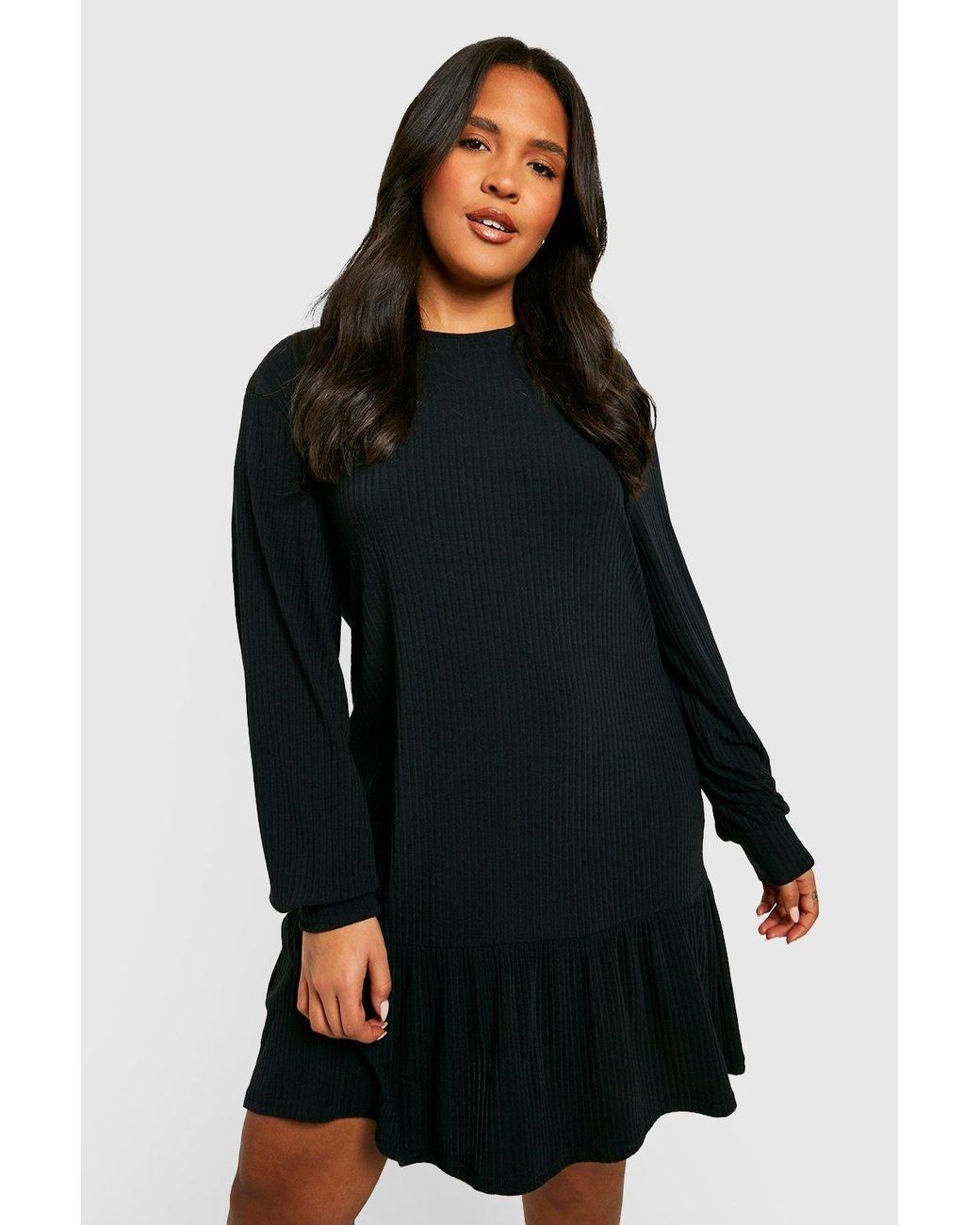 Boohoo Black Plus Soft Rib Ruffle Hem Smock Dress