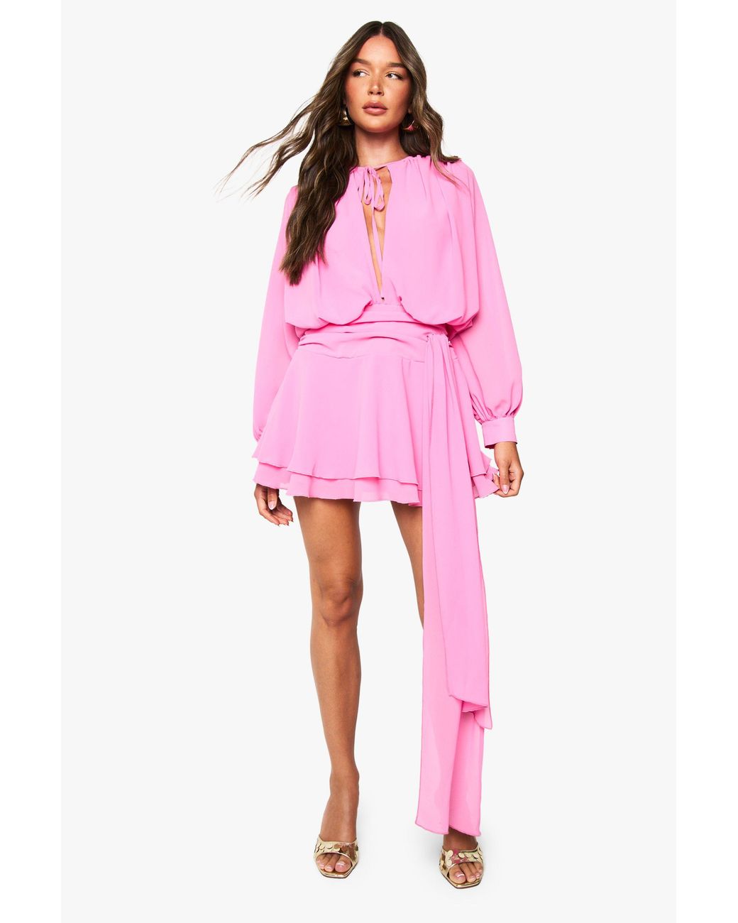 Boohoo Pink Chiffon Ruched Drape Smock Dress