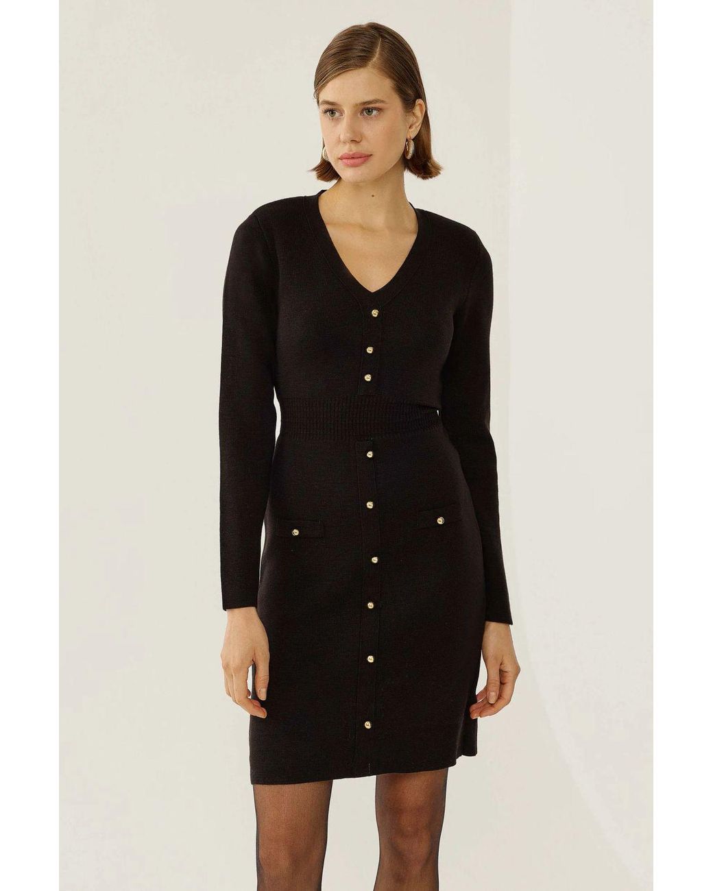 Hiccup Black Midi Dress With Button Details