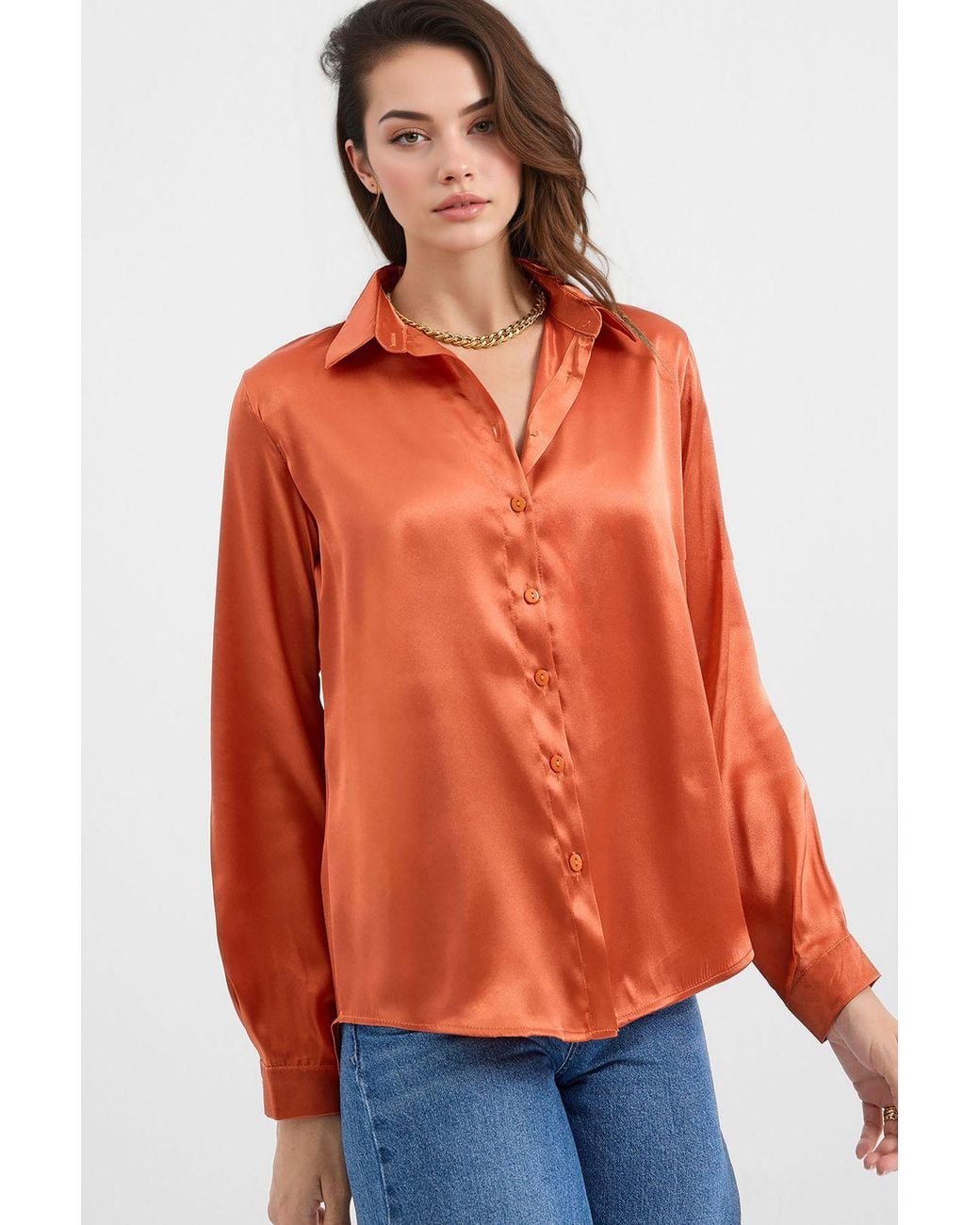 Bigdart Orange Satin Long Sleeve Button Up Shirt