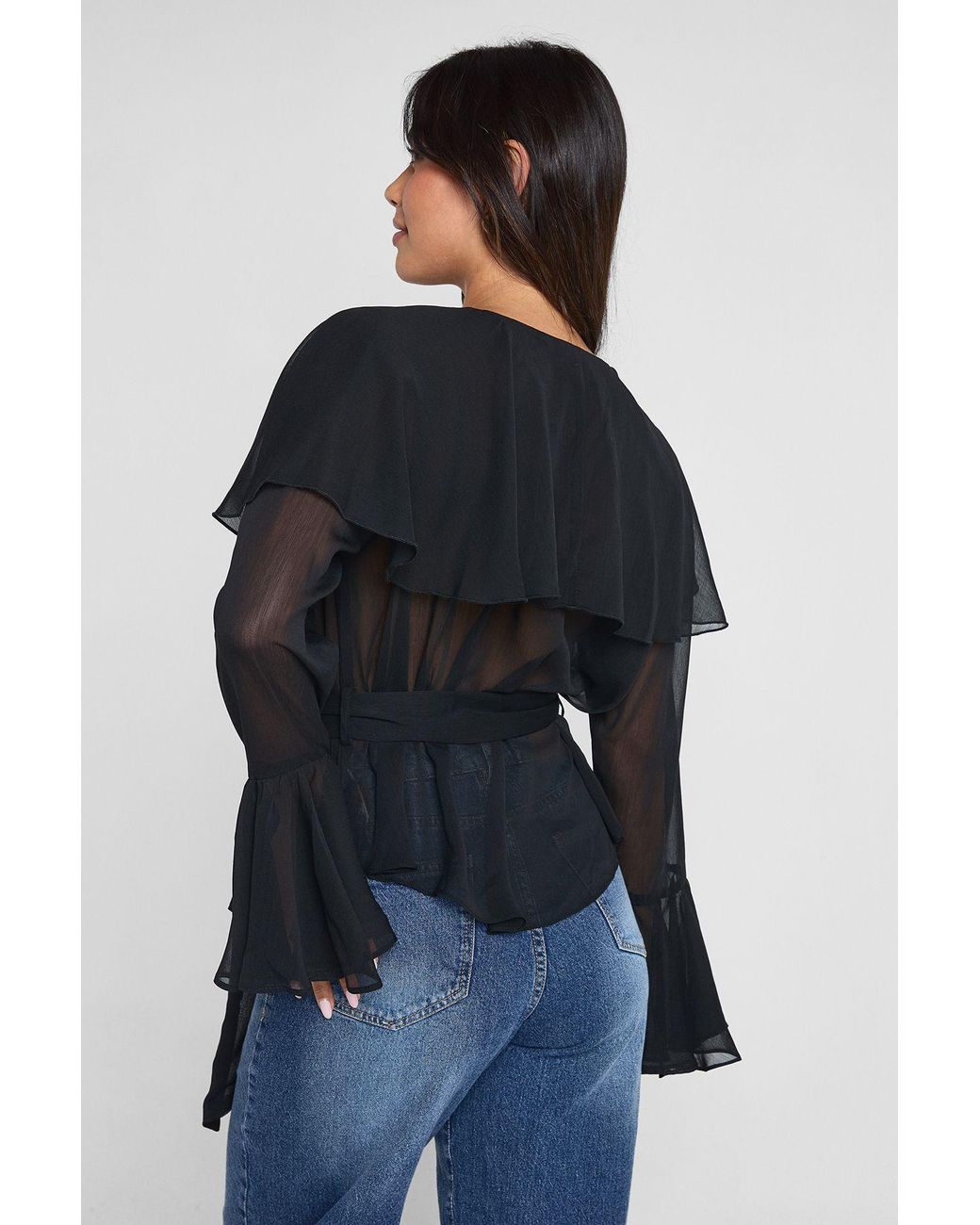 Boohoo Black Chiffon Ruffle Tie Waist Blouse