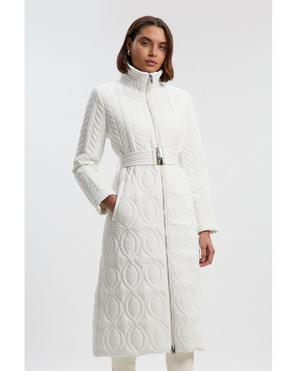 Karen Millen White Multi Stitch Detail Belted Padded Midi Coat