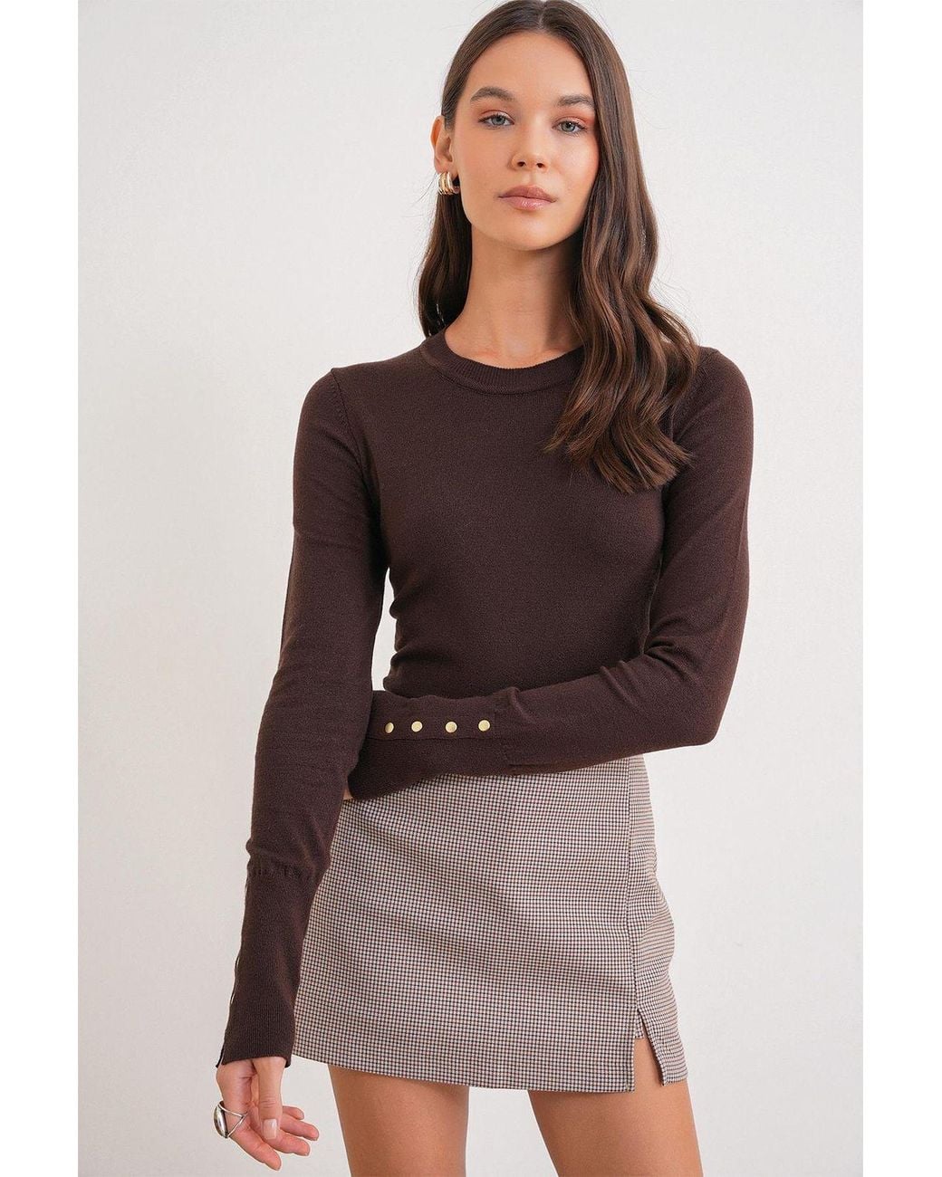 MixRay Brown Crew Neck Knit Sweater