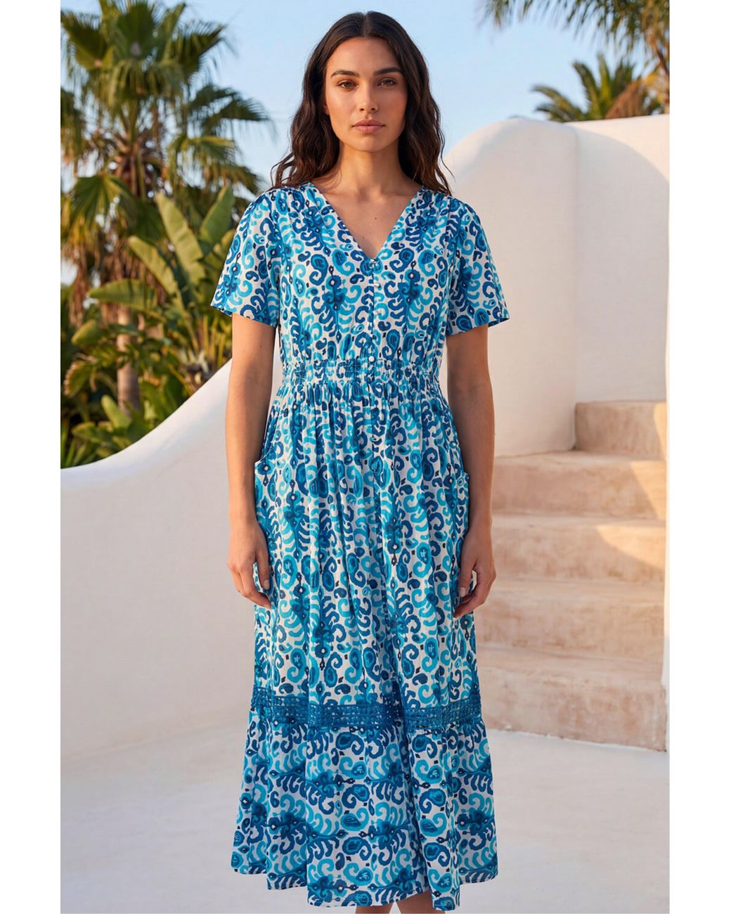 Roman Blue Petite Aztec Print Button Midi Dress