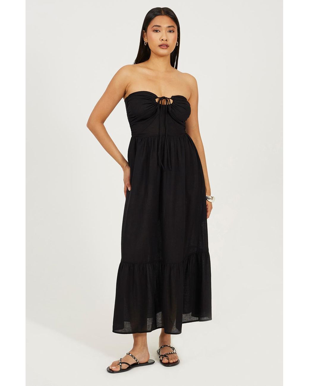 Brave Soul Black Strapless Tiered Midi Dress