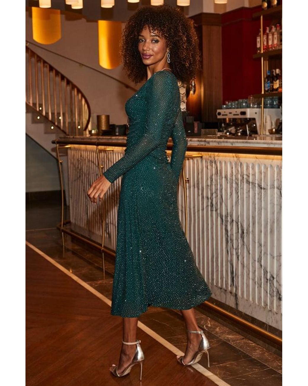 Sosandar Green Emerald Embellished Fit & Flare Midi Dress