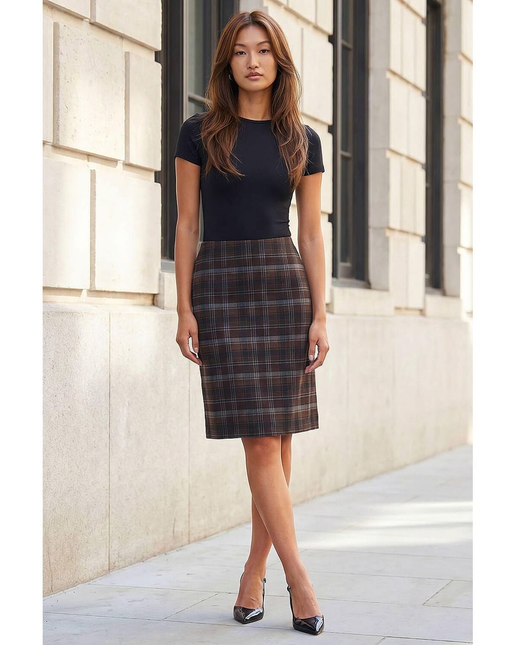 Roman Black Brushed Check Pencil Skirt