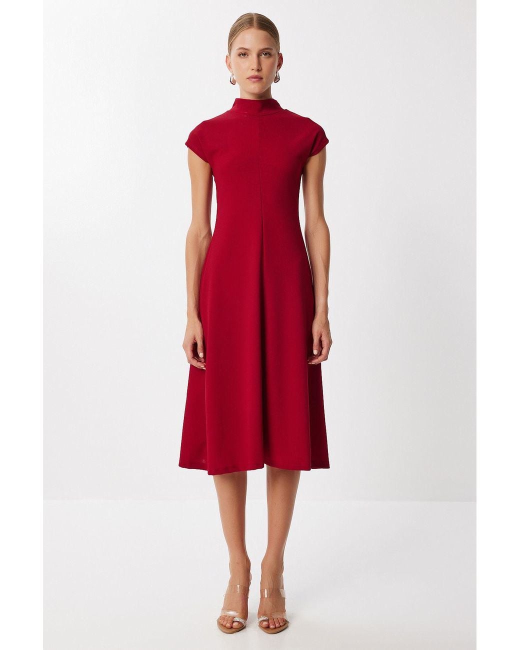Happiness İstanbul Red A-Line Midi Dress With Half Turtleneck