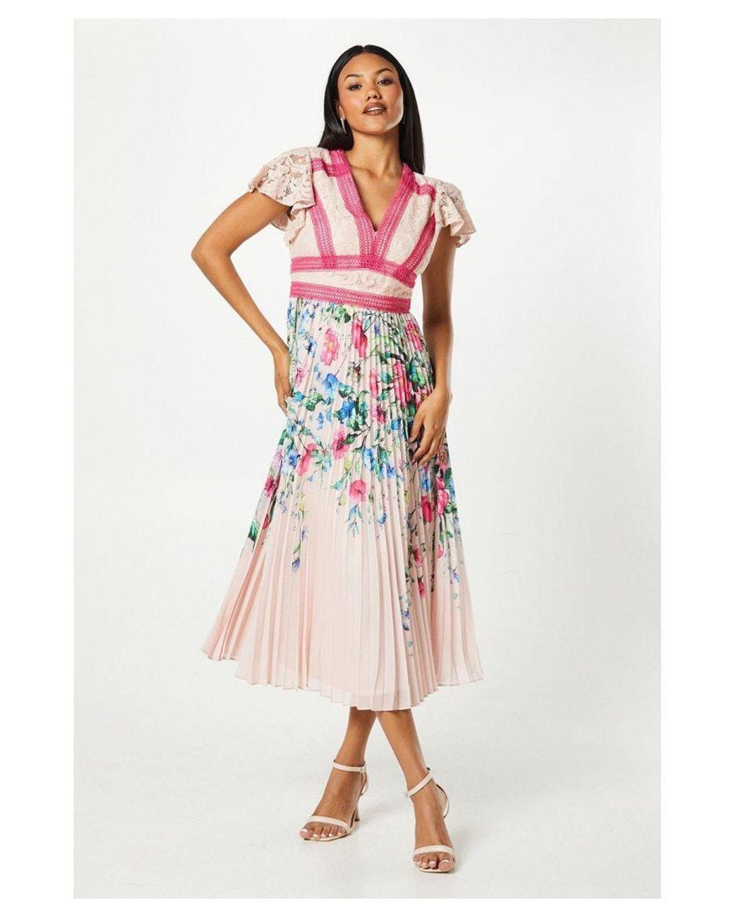 strapless open back dress Clarissa White Lace Short-Sleeve Pleated Midi Dress – Club L London main image 1