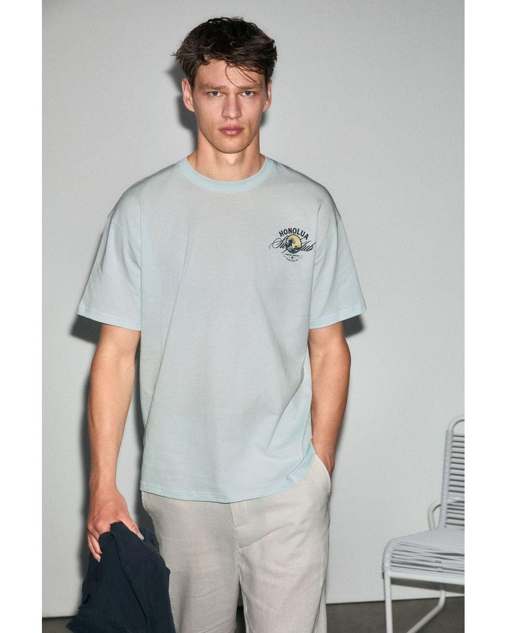 Grimelange Gray Printed Crew Neck T-Shirt for men