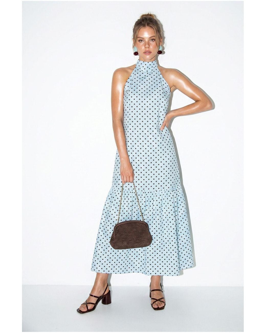 Bianco Lucci Blue Halter Polka Dot A-Line Maxi Dress