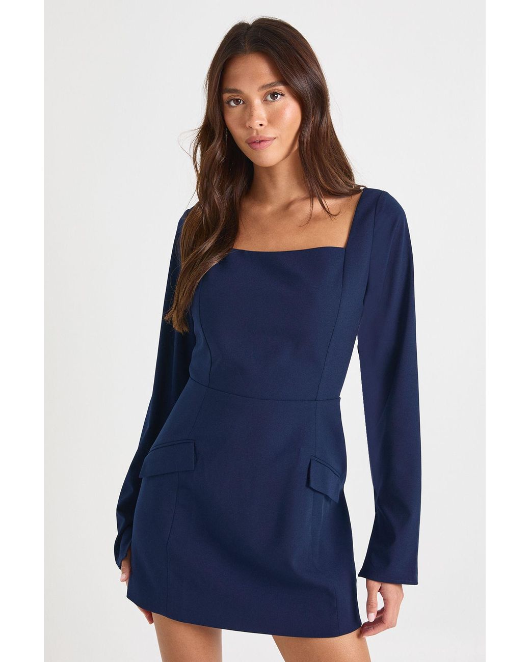 Boohoo Blue Tailored Square Neck Shift Dress