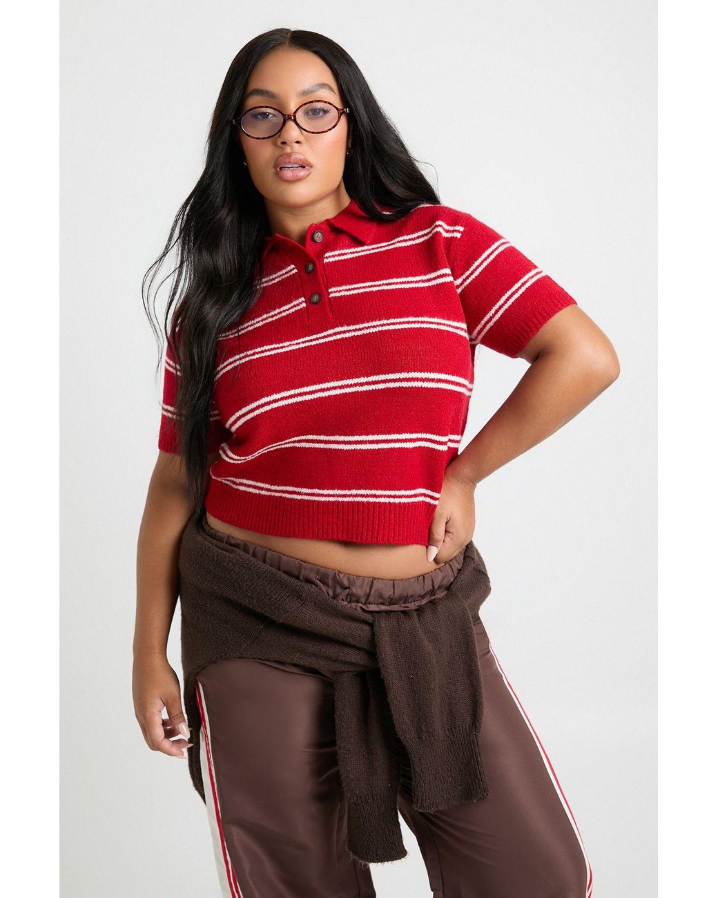 Boohoo Red Plus Collar Detail Stripe Knit Top