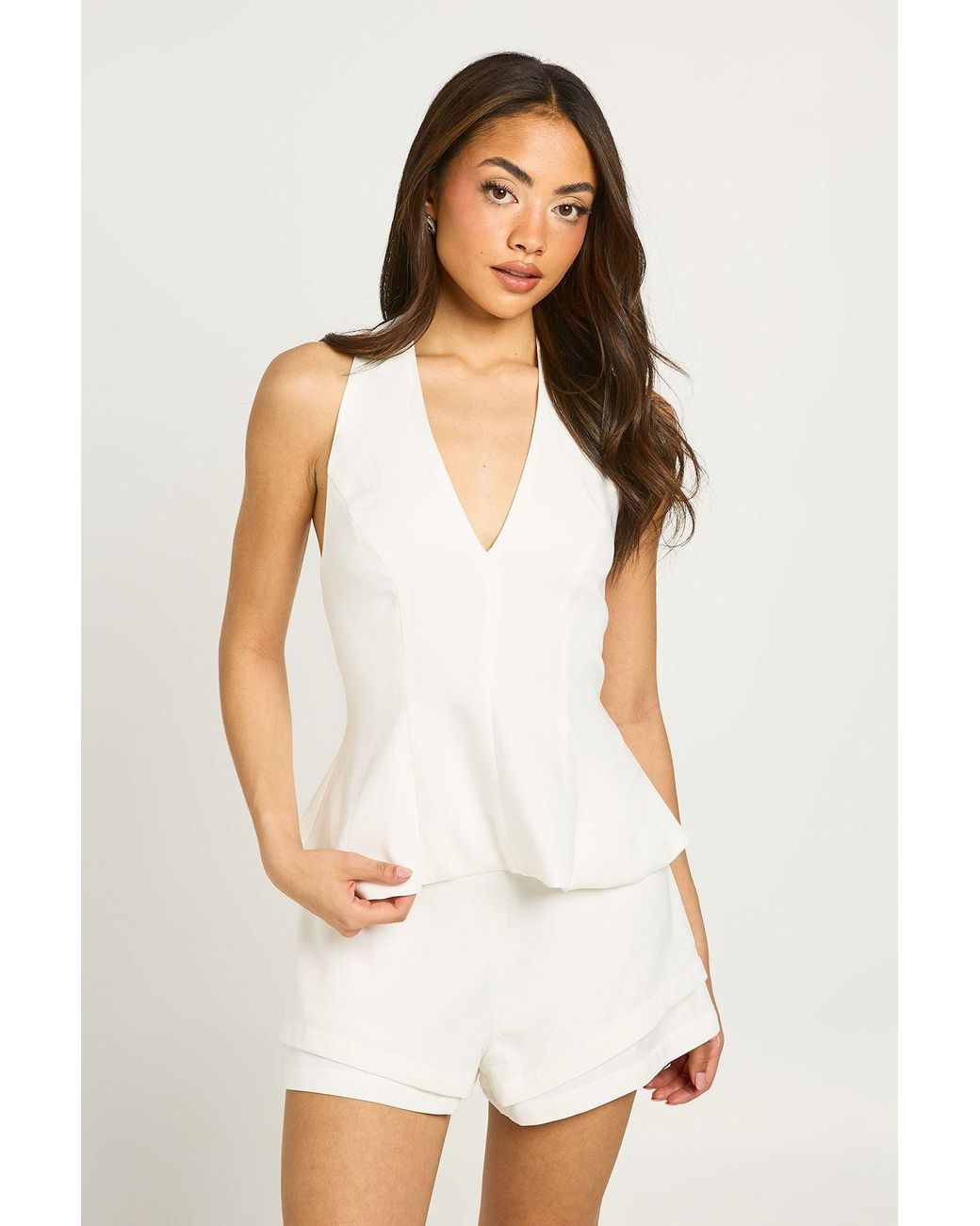 Boohoo White Halter Peplum Tailored Top