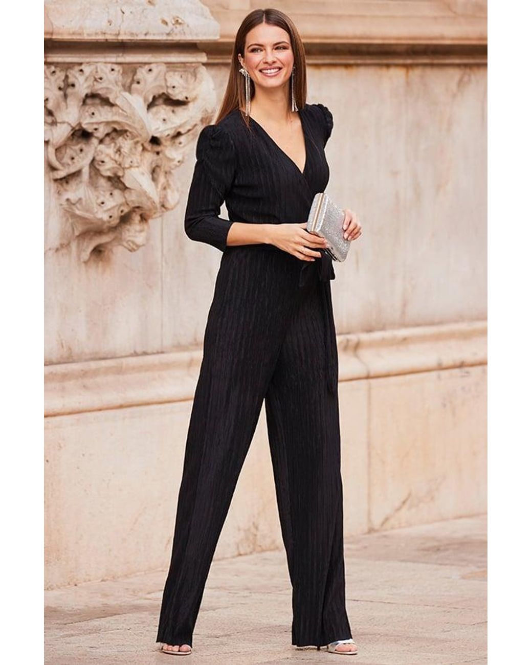 Sosandar Black Plisse Wrap Front Jumpsuit