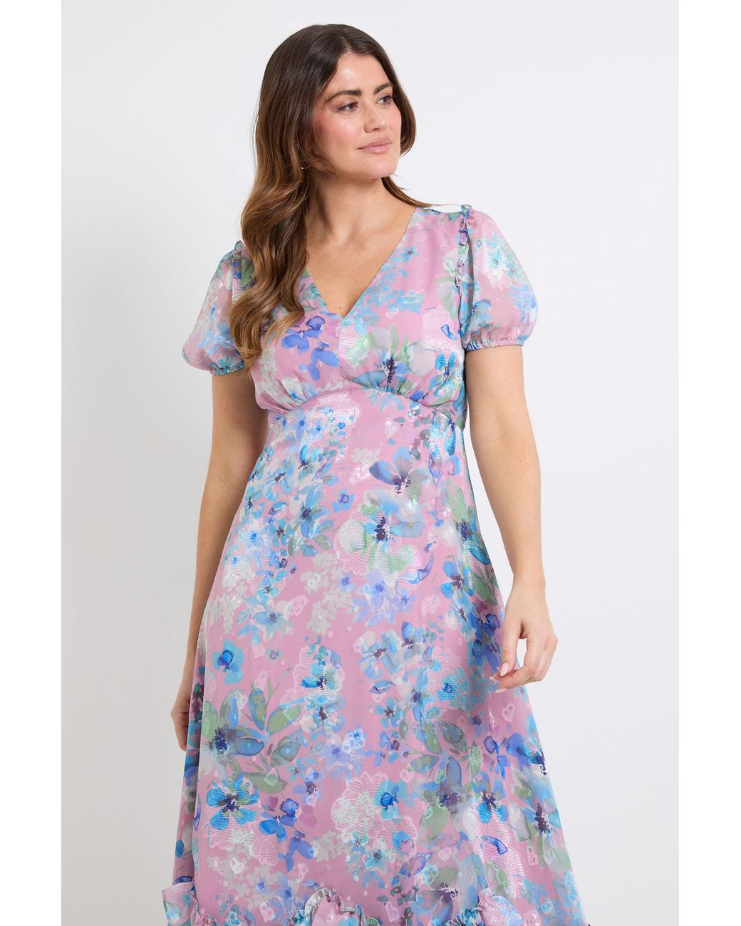 Wallis Multicolor Floral Satin Ruffle Hem Midaxi Dress