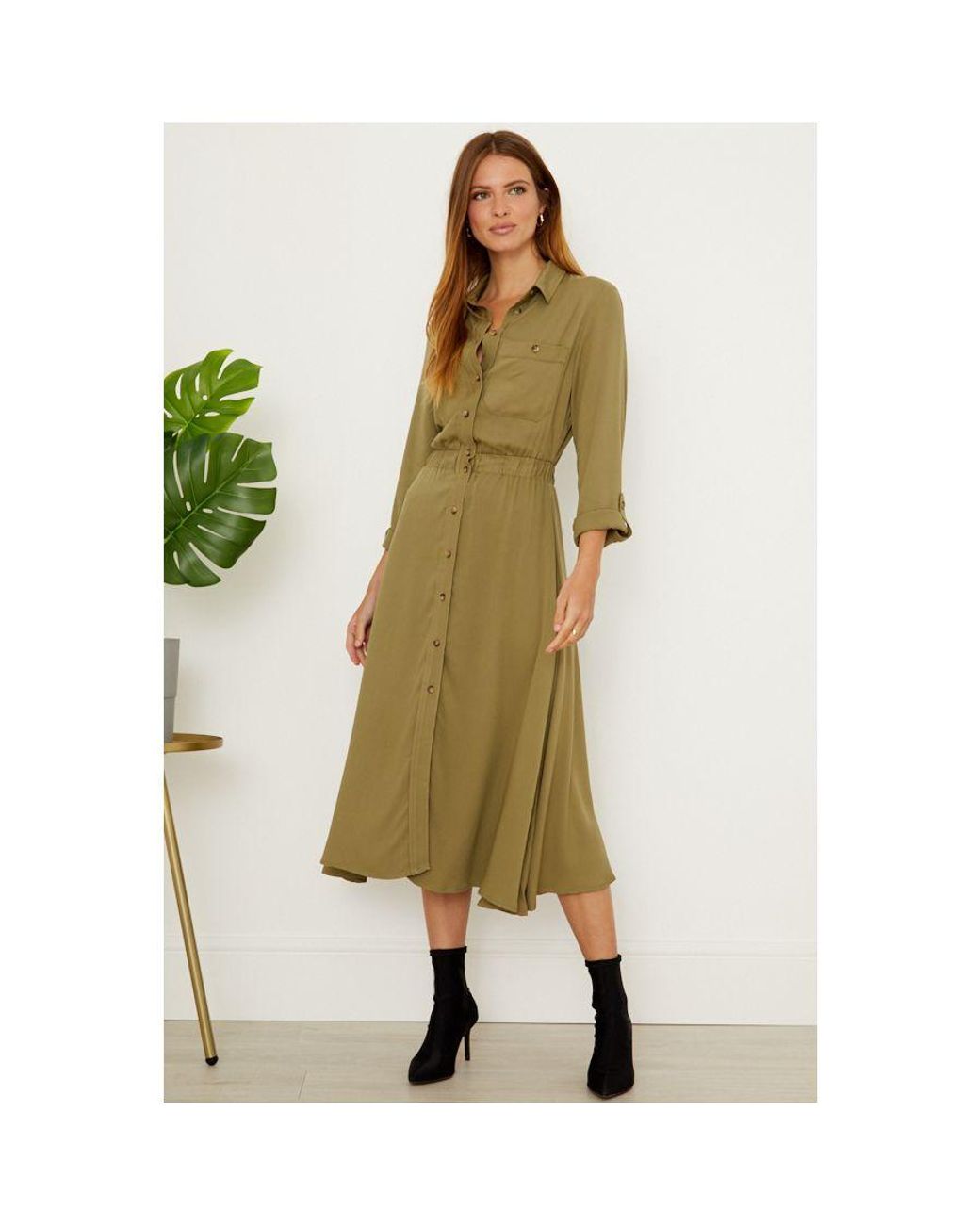 Sosandar Green Khaki Stretch Waist Midi Shirt Dress