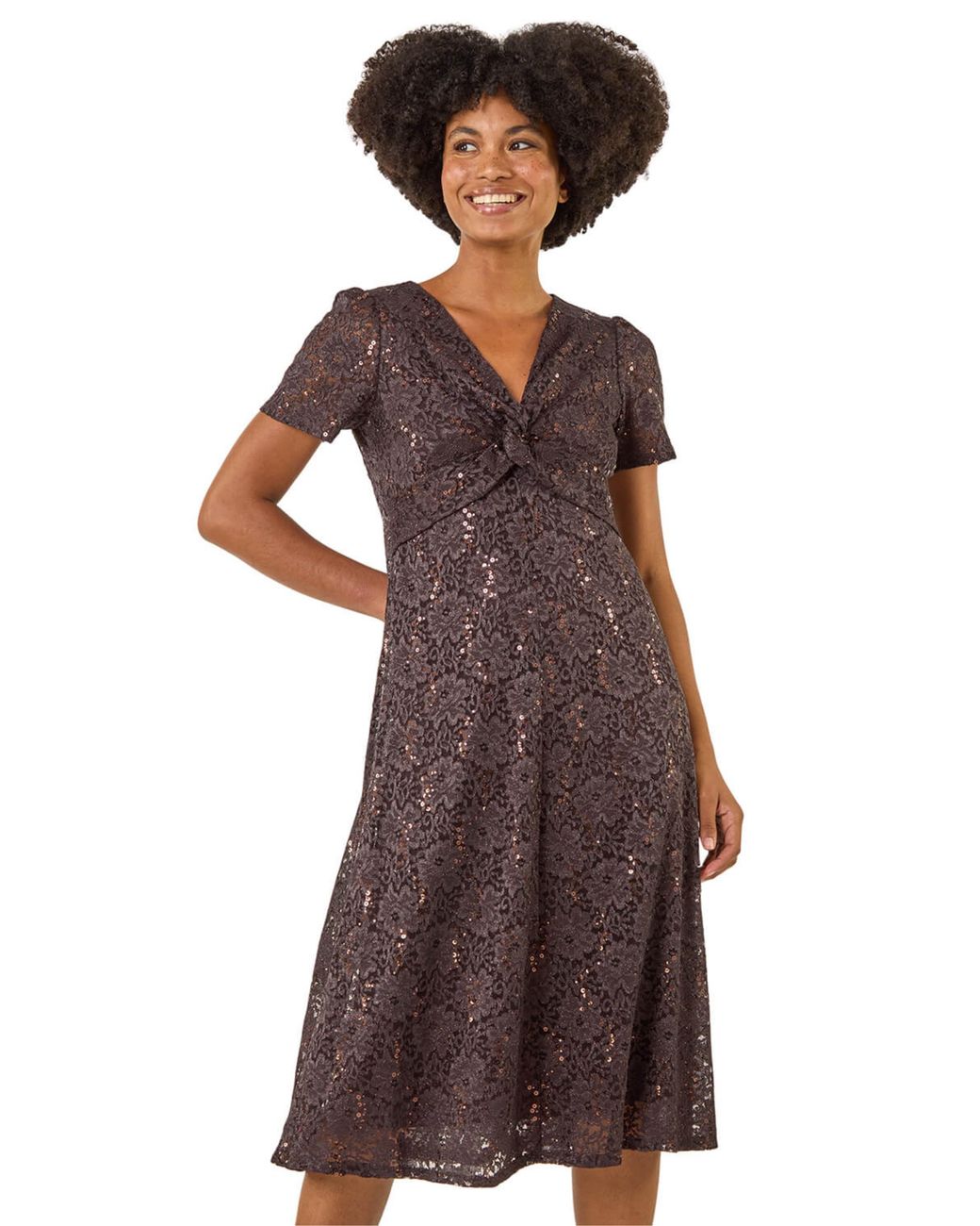 Roman Brown Sequin Lace Twist Front Midi Dress
