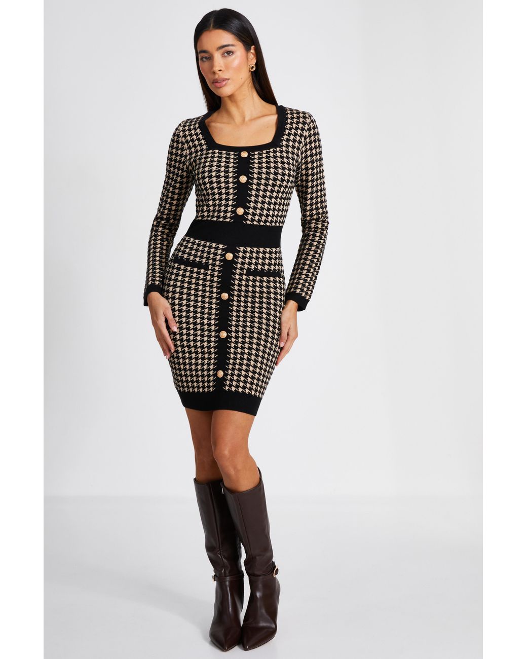 Quiz Knit Dog Tooth Jumper Dress in Black Lyst UK