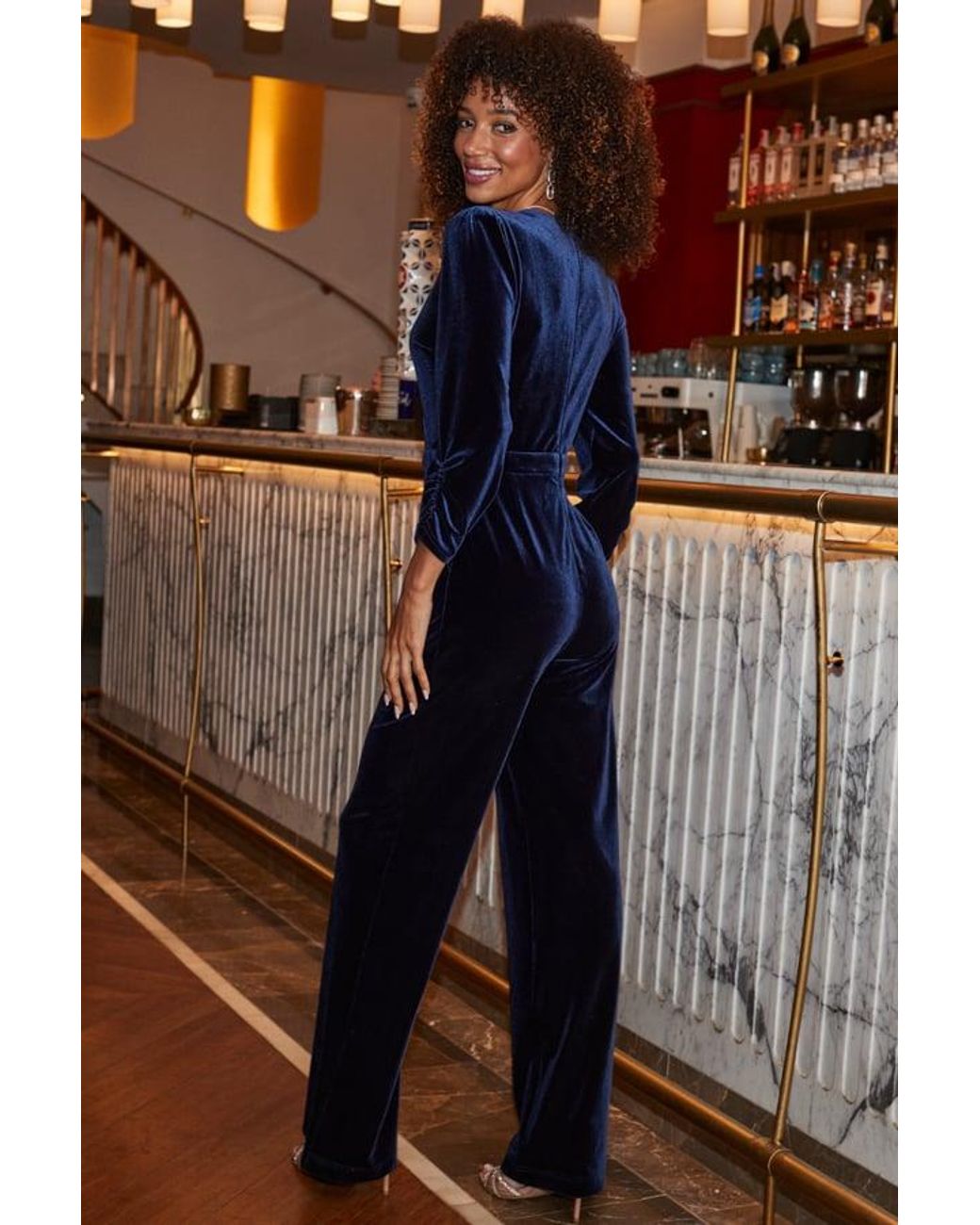 Sosandar Blue Sapphire Velvet Wrap Jumpsuit