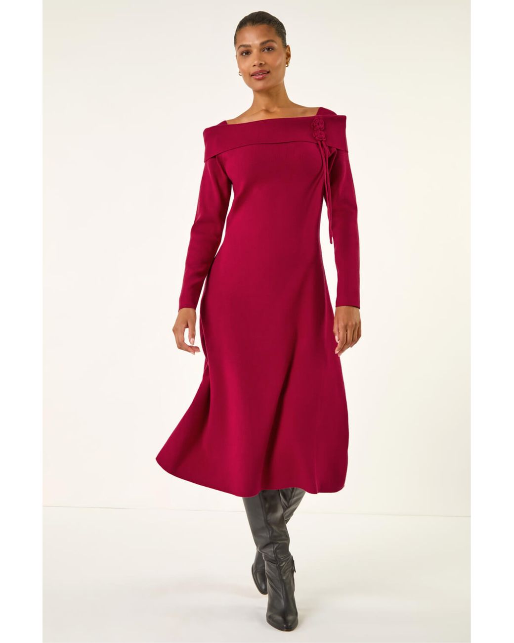 Roman Red Floral Bardot Knit Midi Dress
