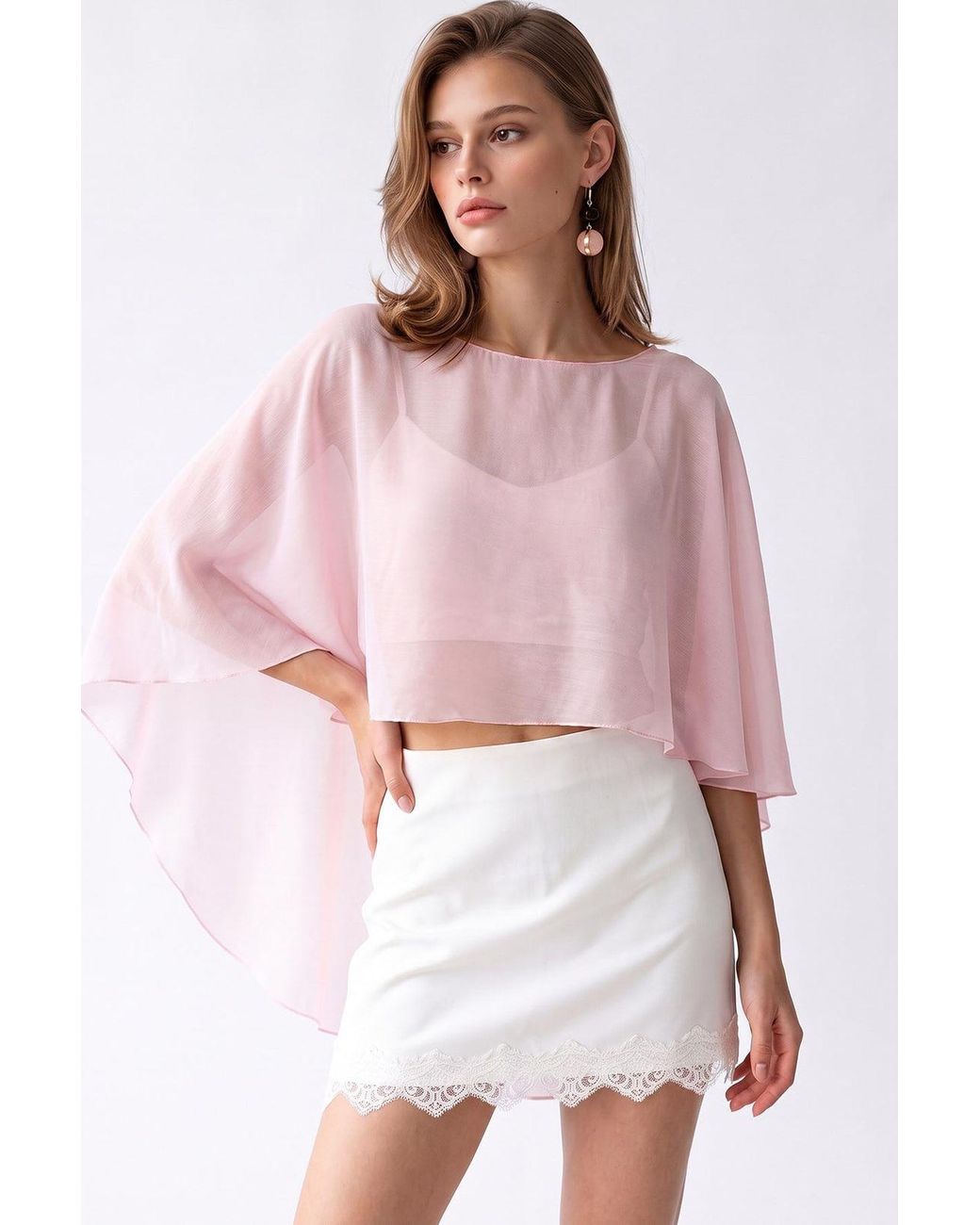 MixRay Pink Loose Chiffon Crew Neck Blouse