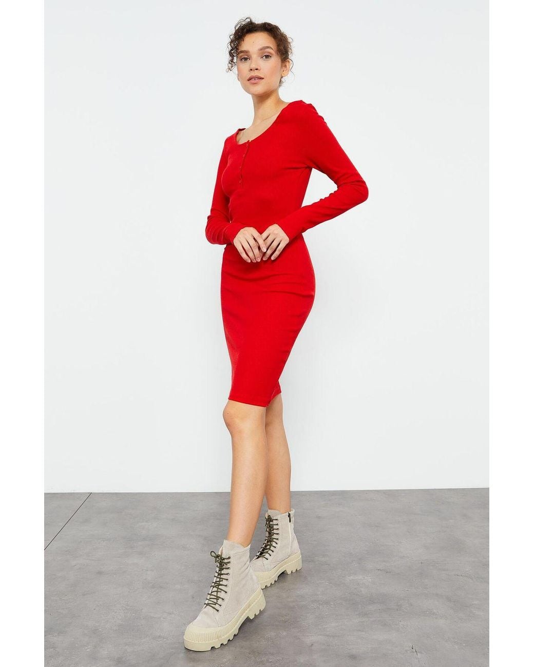 TOMMY LIFE Red Bodycon Midi Dress With Crew Neck