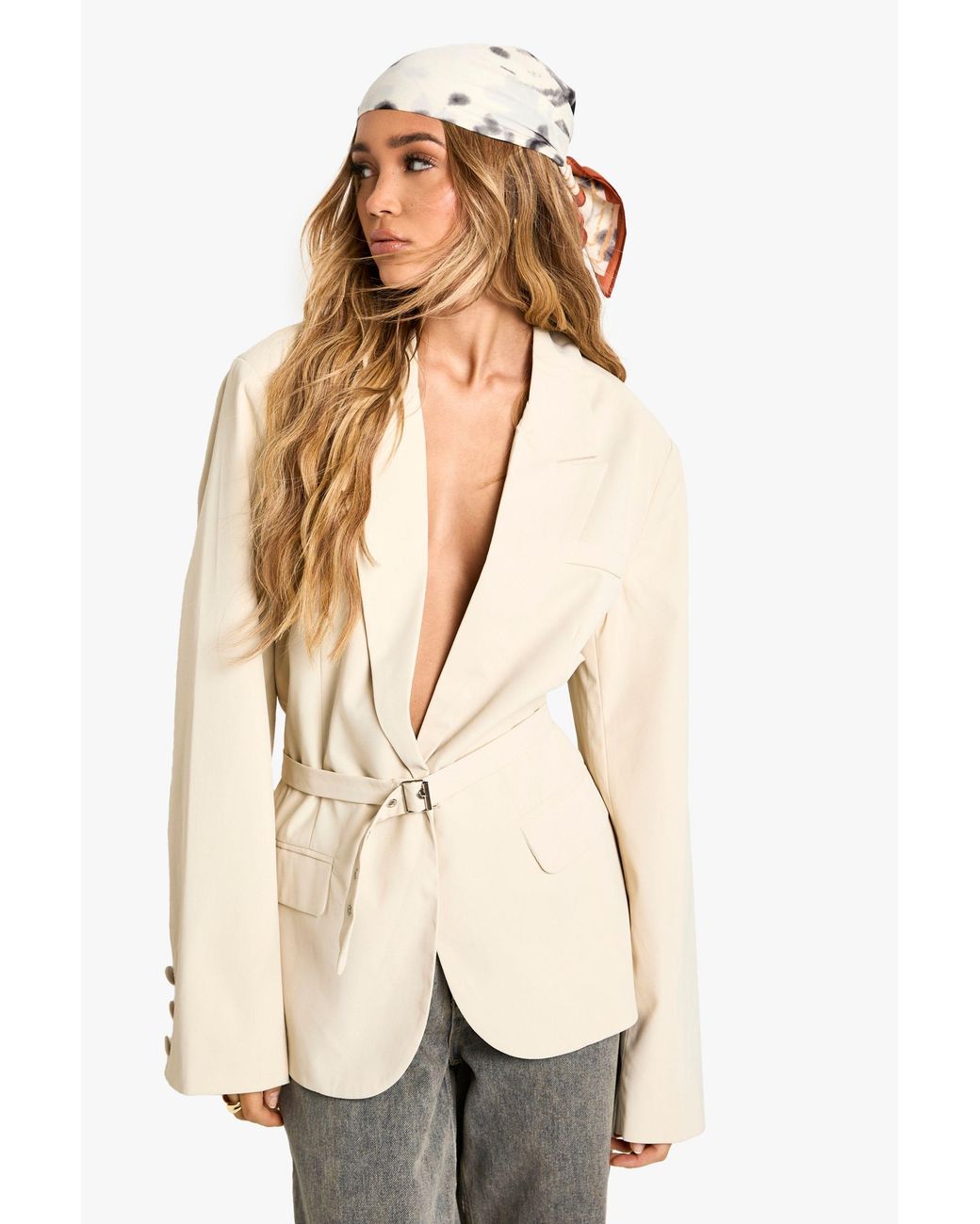 Boohoo Natural Premium Woven Oversized Cinched Waist Belted Blazer