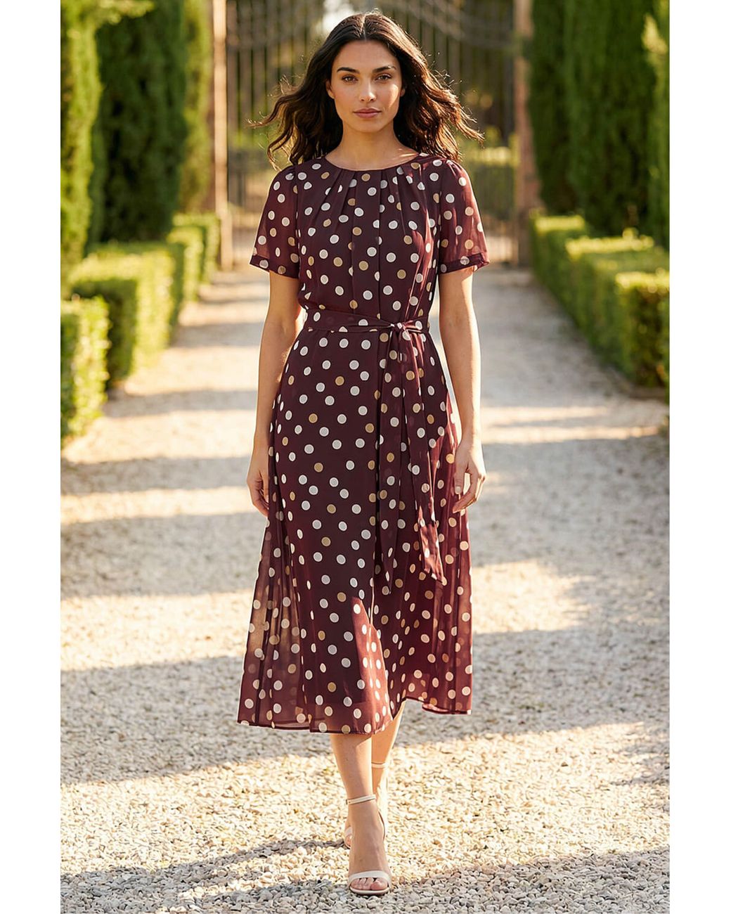 Roman Brown Polka Dot Pleat Neck Midi Dress