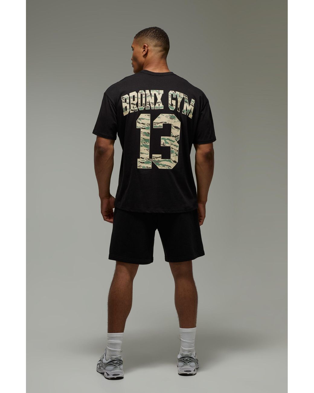 BoohooMAN Gray Active Camo Bronx Gym Varsity 13 Oversized T-Shirt for men