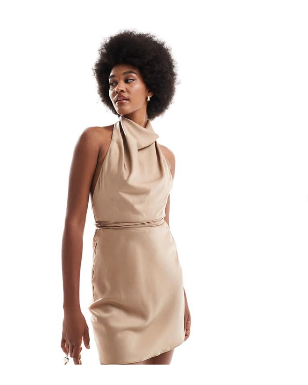 ASOS Brown Design Satin Cowl Neck Mini Dress With Tie Waist