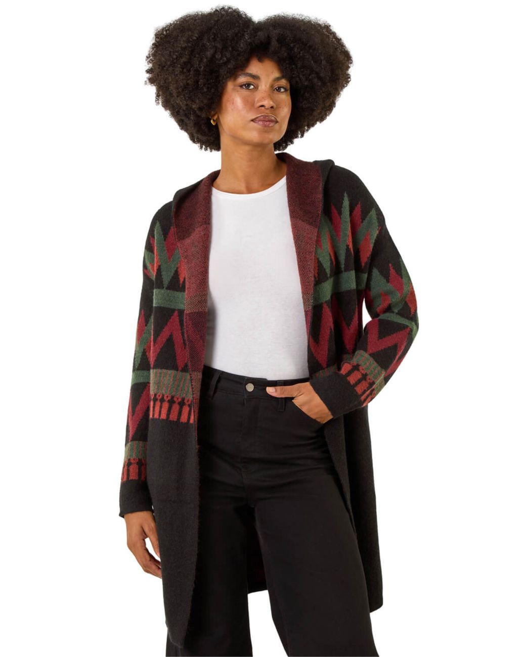 Roman Black Nordic Pattern Hooded Knit Cardigan