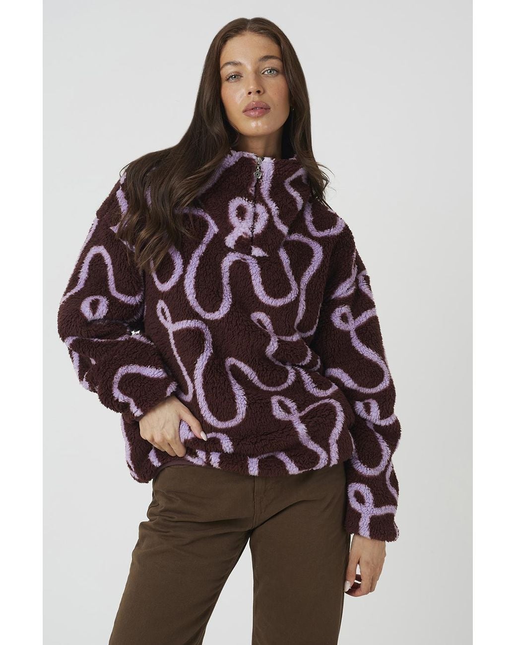 Brave Soul Purple Mauve Sherpa Fleece Squiggle Print Sweatshirt