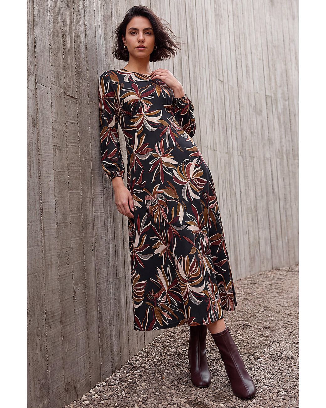Roman Brown Leaf Print A-Line Dress