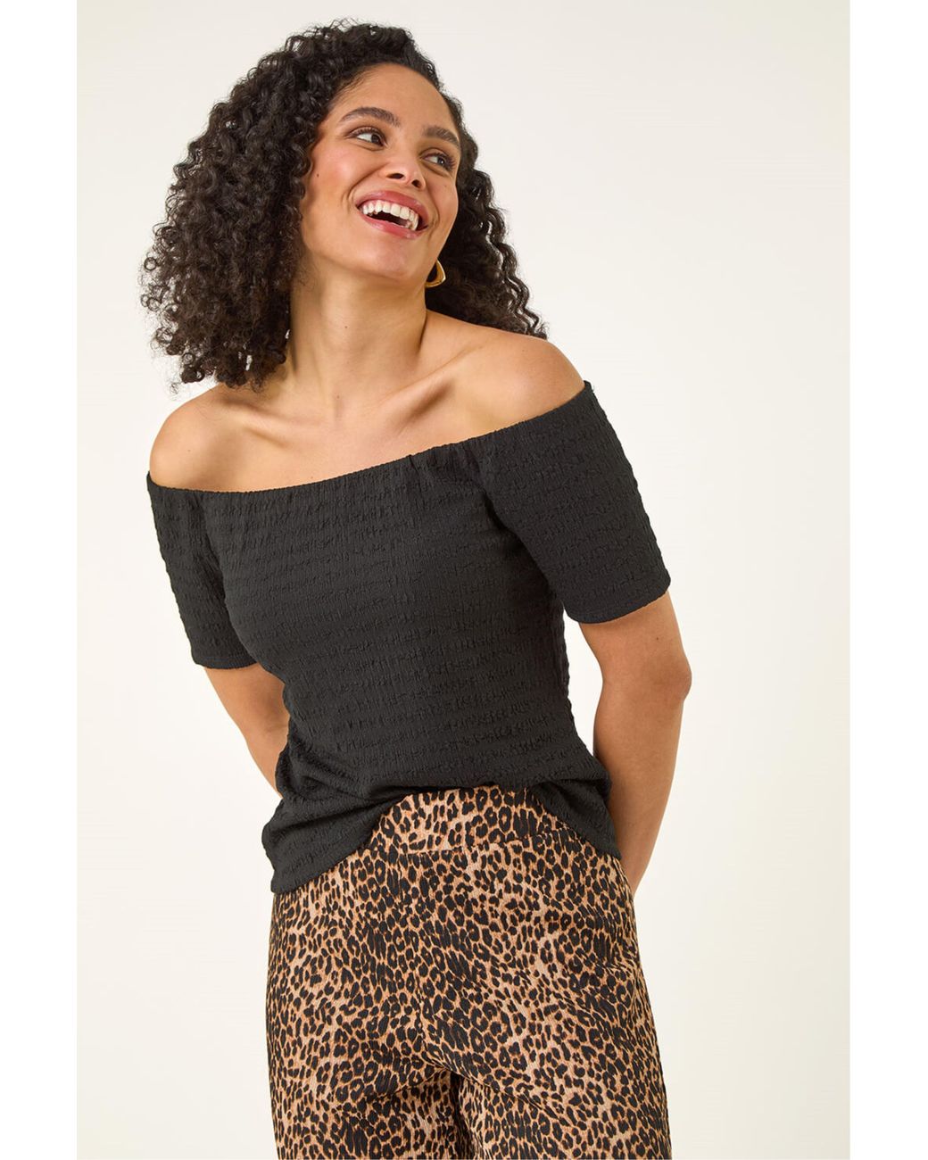 Roman Black Textured Bardot Stretch Top